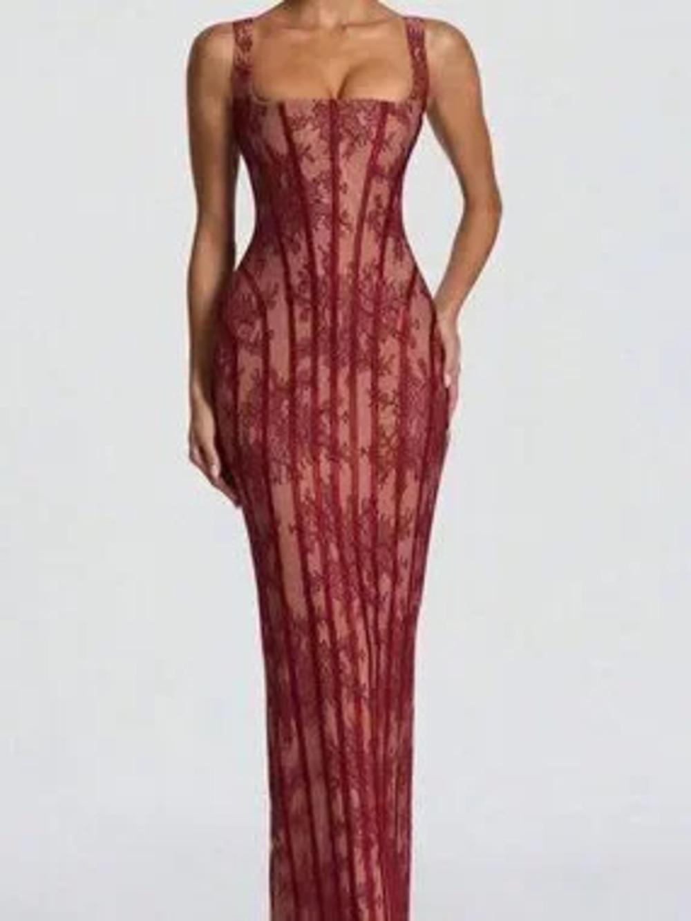 Red Sexy Women's Low-Cut Lace Maxi Evening Dress